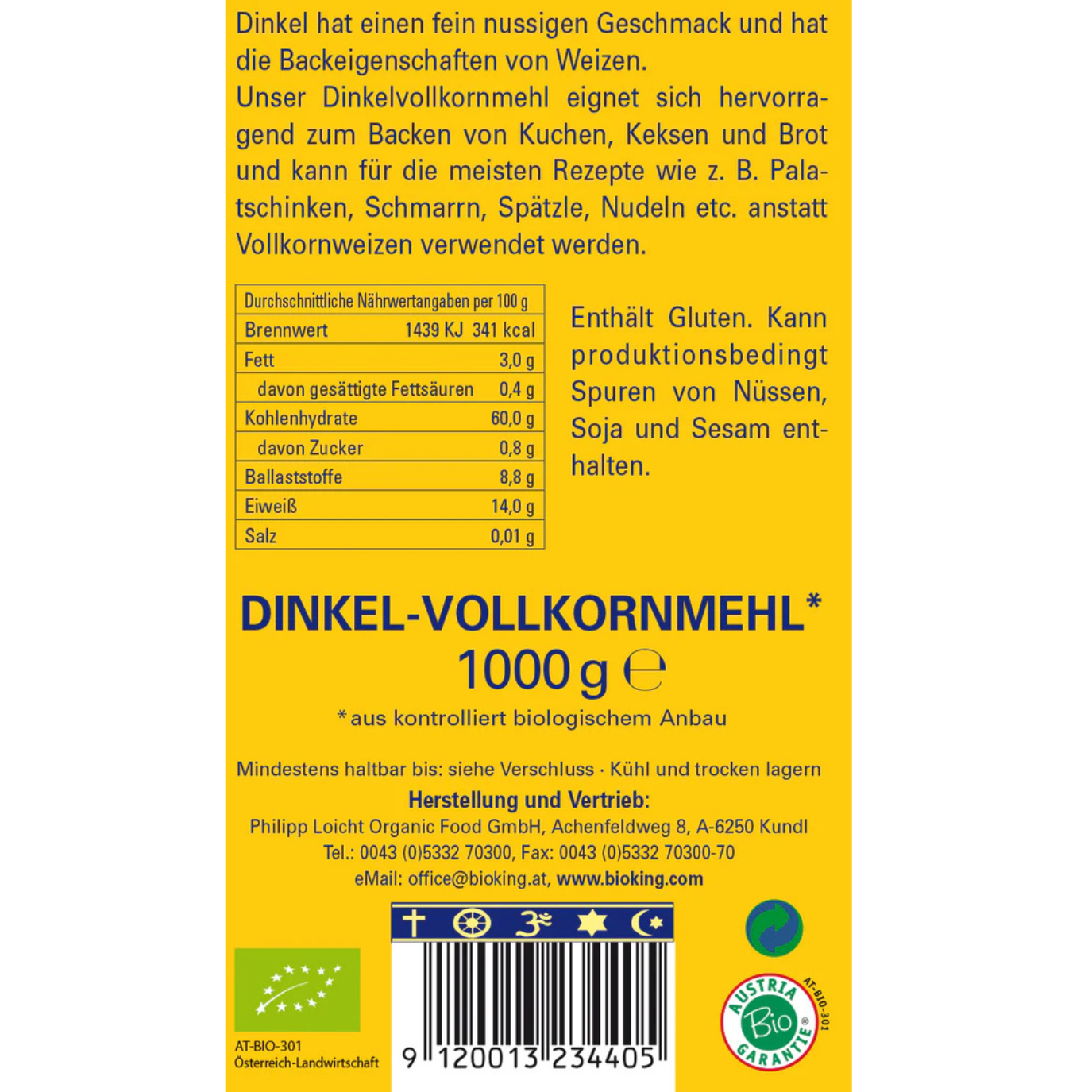 BioKing Dinkelvollkornmehl biologisch zertifiziert 1000g 