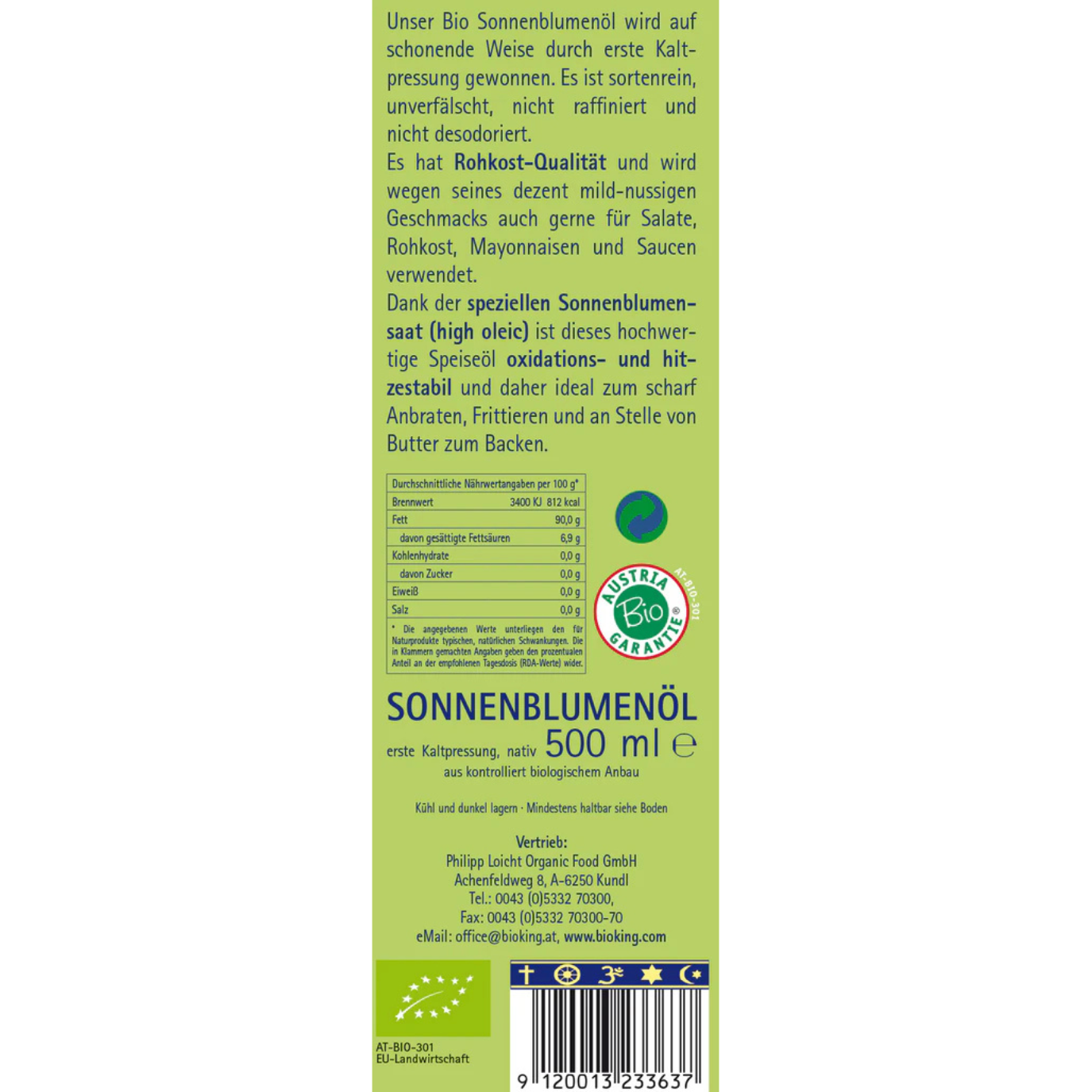 BioKing Sonnenblumenöl kaltgepresst aus biologischem Anbau 500ml 