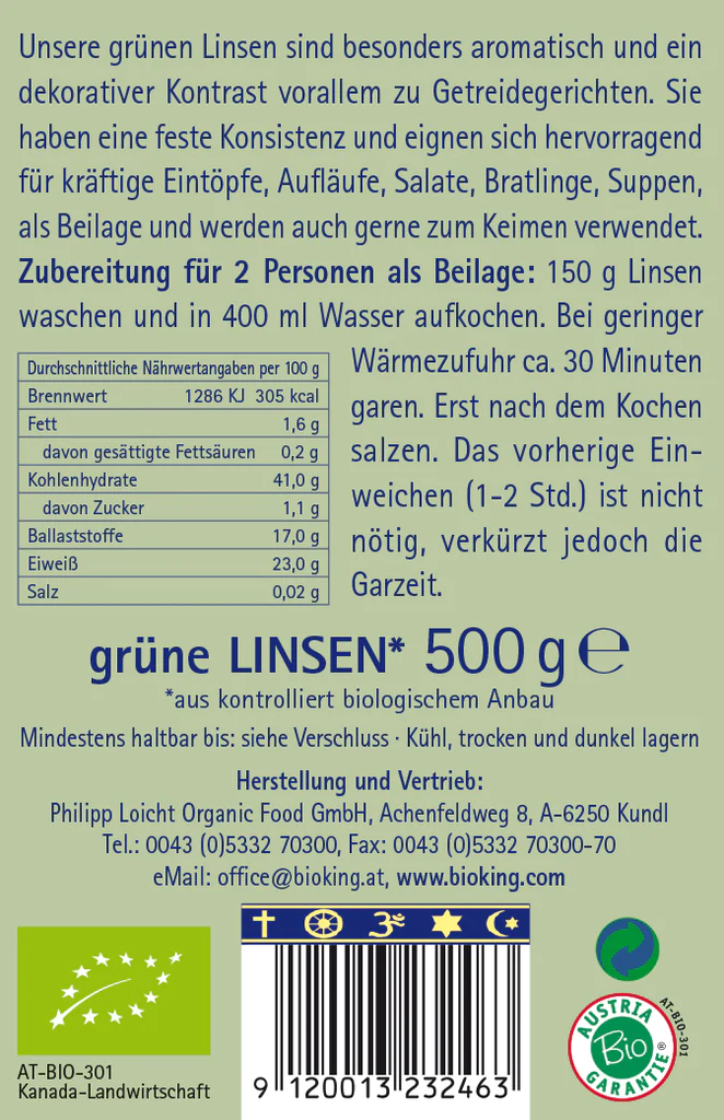 BioKing Bio Linsen - Grün, 500g 
