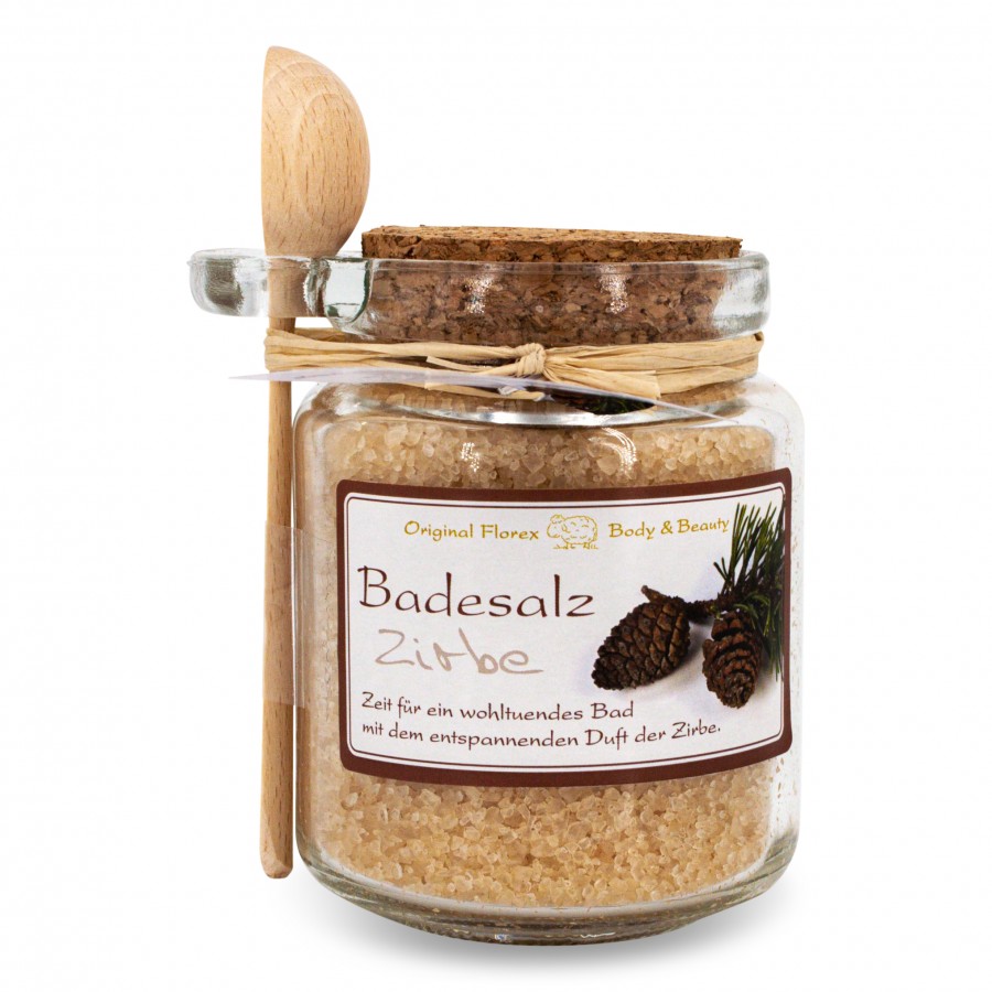 Badesalz Zirbe 300g im Glas mit Holzlöffel 