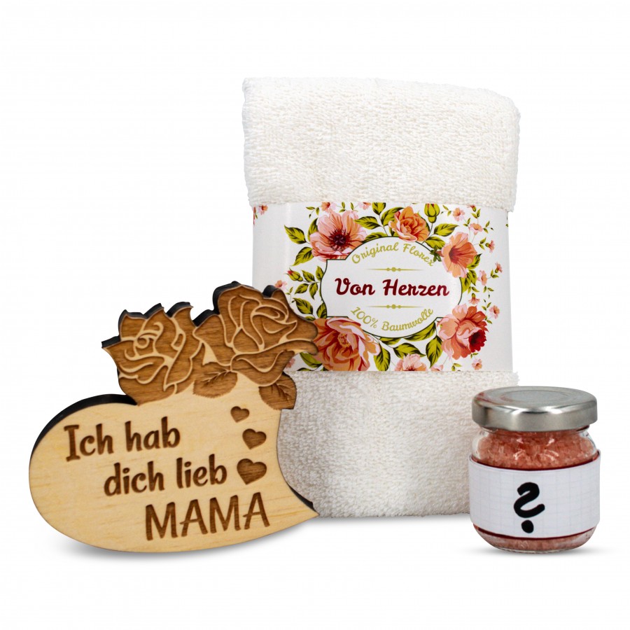Geschenkset Mama Herz mit Handtuch weiß 