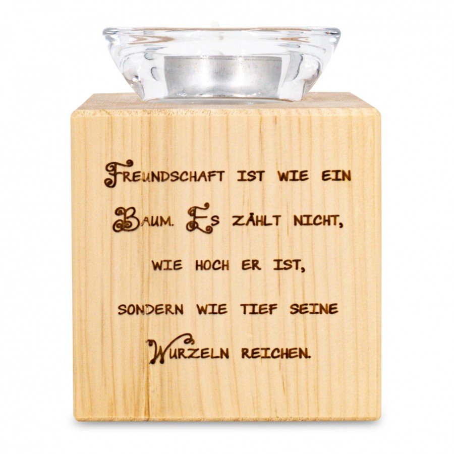 Teelichthalter aus Zirbenholz Freundschaft ist wie ein Baum 