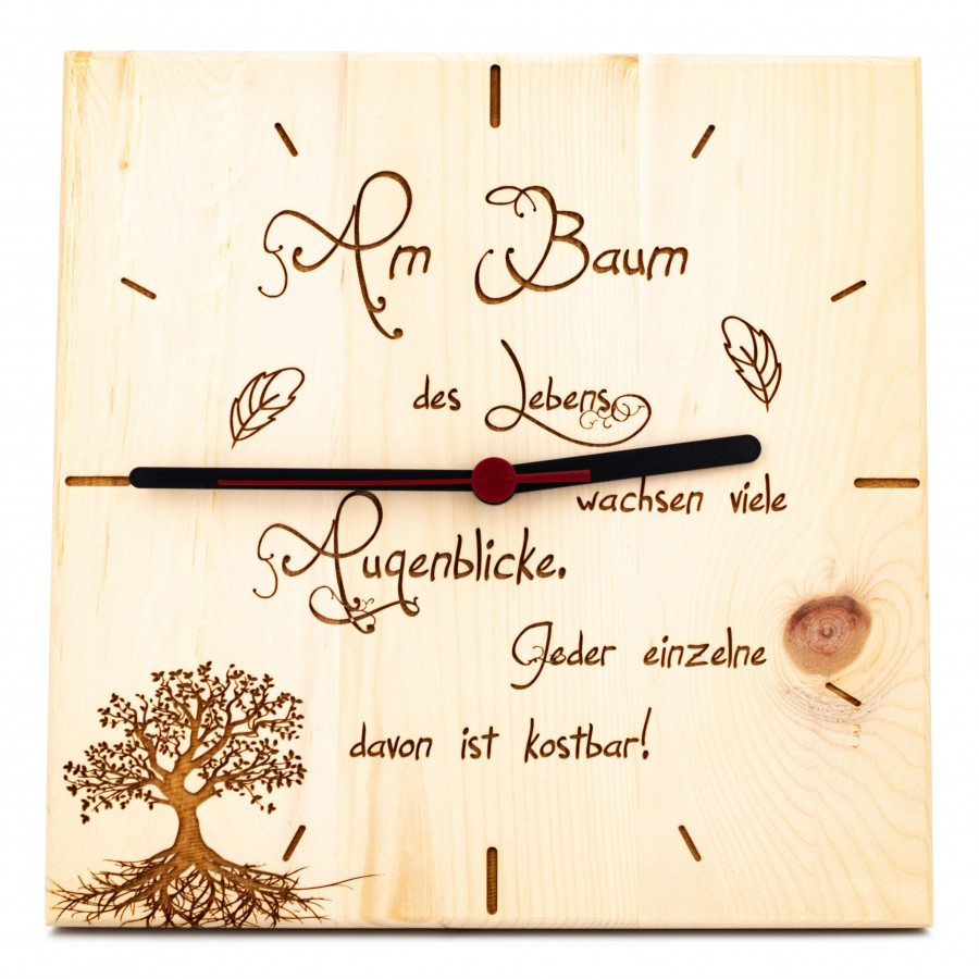 Zirben Wanduhr Am Baum des Lebens 25cm x 25cm 
