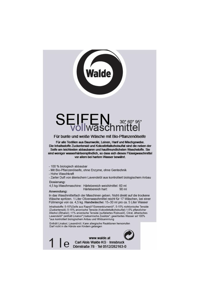 Walde Seifen Vollwaschmittel flüssig, 1L, 100% biologisch abbaubar 