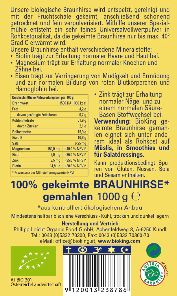 BioKing Bio Braunhirse 100% Gekeimt, Vollwertpulver 