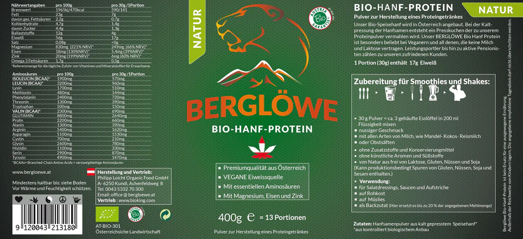 Berglöwe Bio Hanfprotein Natur Vegan, 400g-1kg 