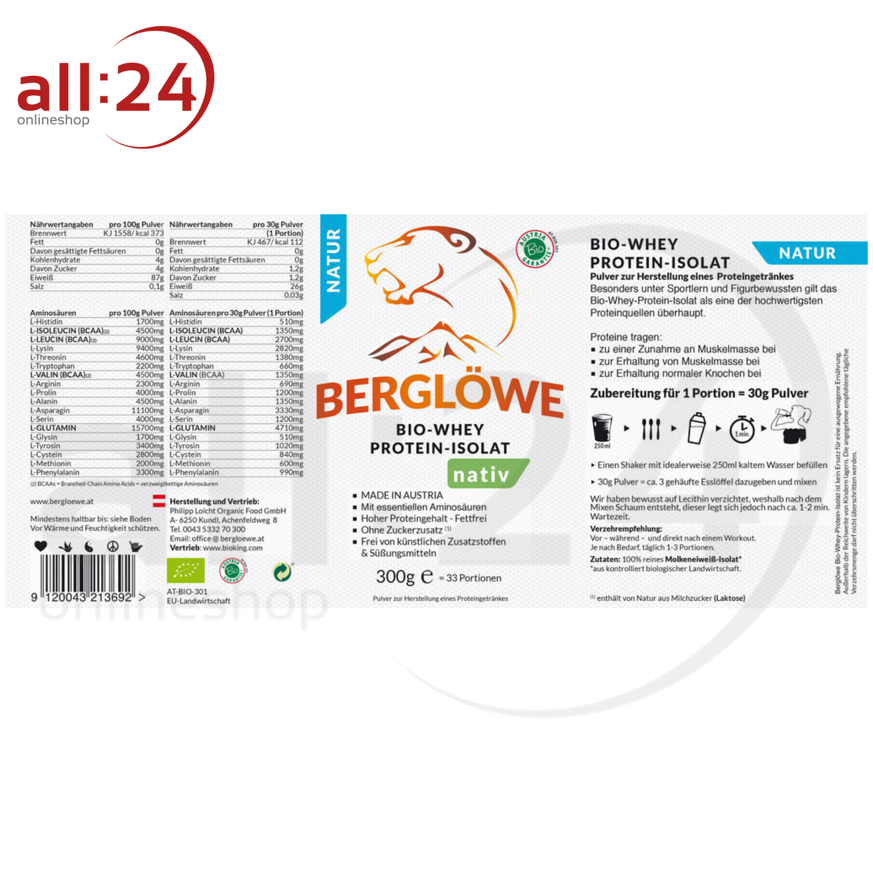 Berglöwe Premium Whey-Protein-Isolat 350g 