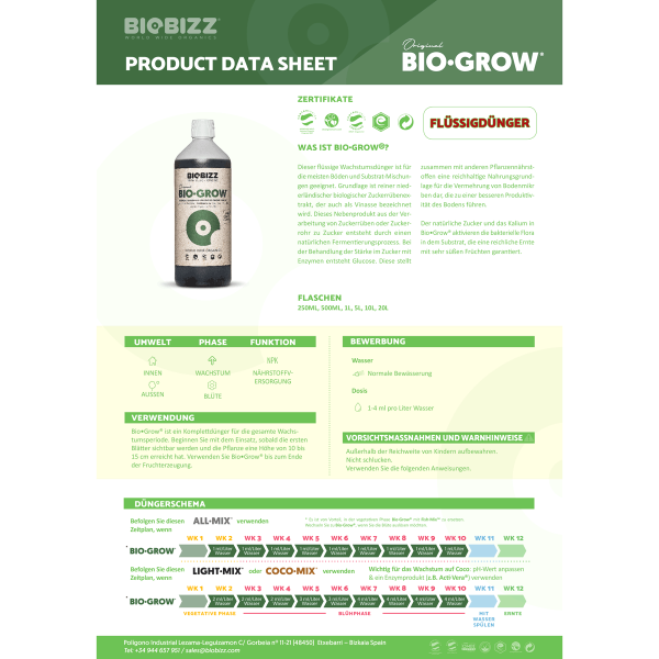 BioBizz Bio-Grow - Hochwertiger Bio-Wachstumsdünger 1000ml