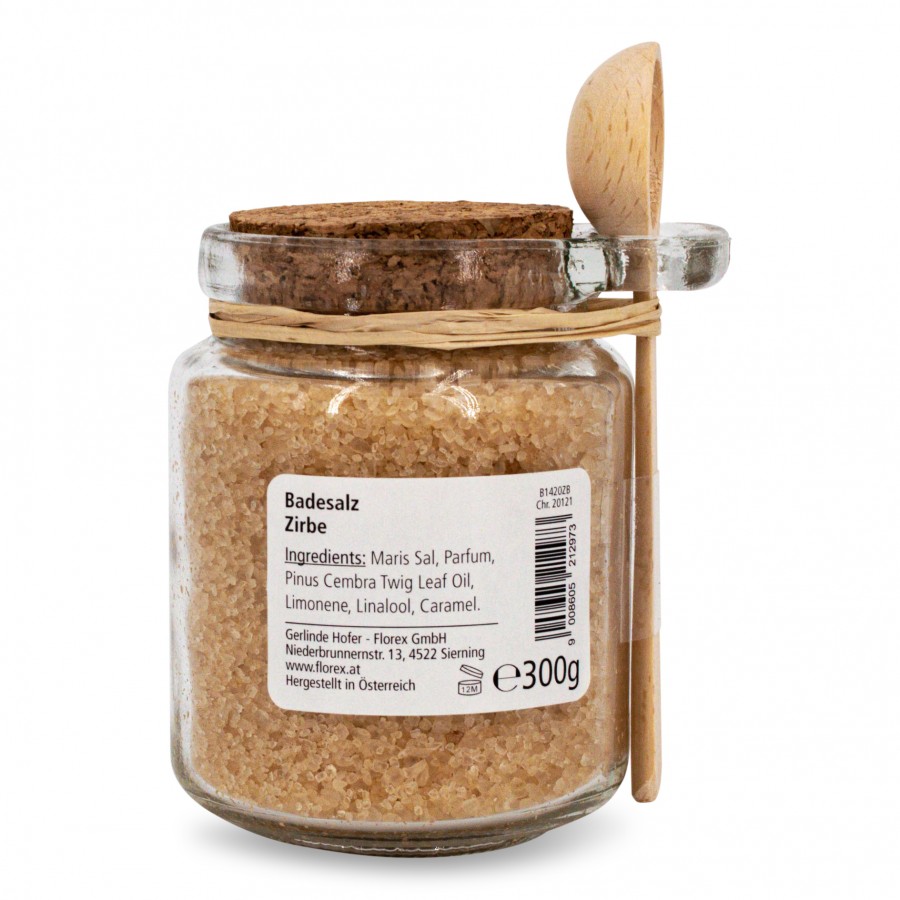 Badesalz Zirbe 300g im Glas mit Holzlöffel 