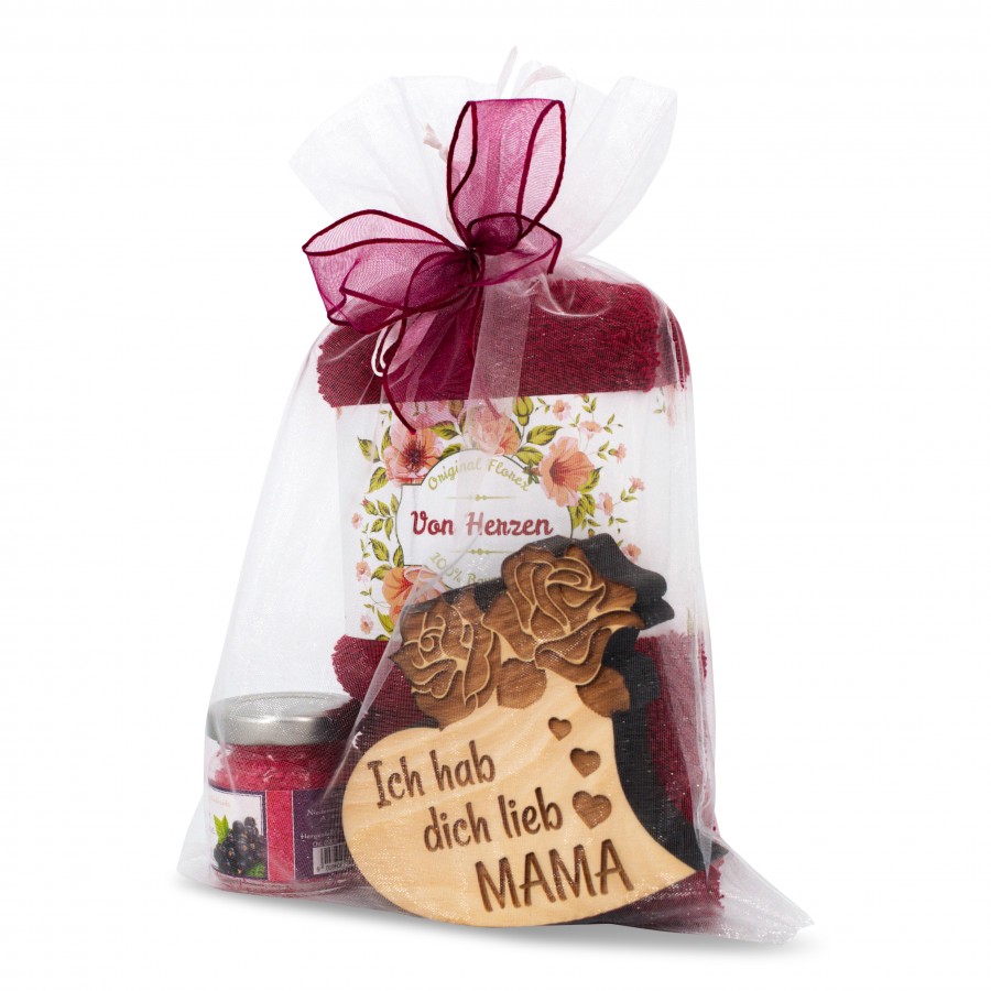Geschenkset Mama Herz mit Handtuch Fuchsia 