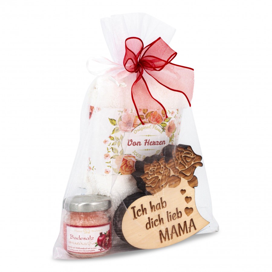 Geschenkset Mama Herz mit Handtuch weiß 