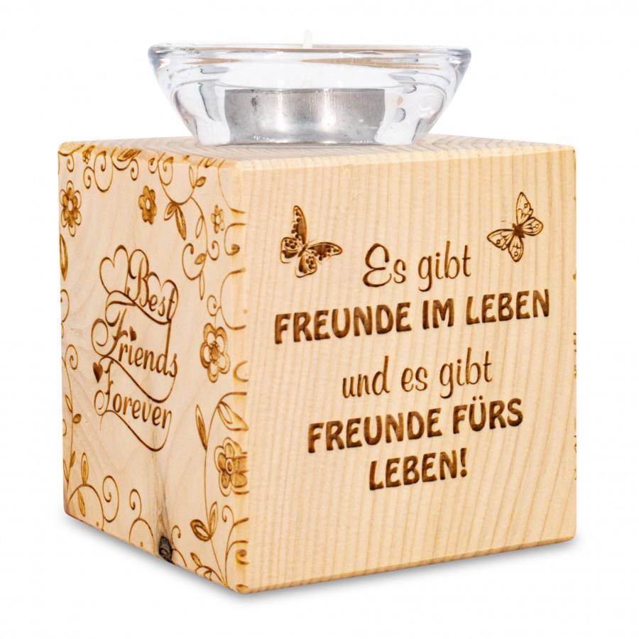 Teelichthalter aus Zirbenholz Es gibt Freunde im Leben 