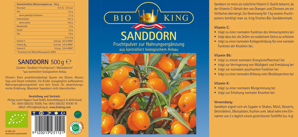 BioKing Bio Sanddorn Fruchtpulver Vegan, 250g-500g 