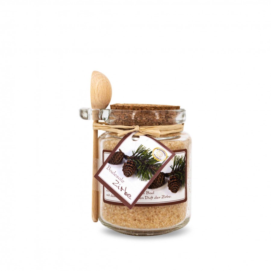 Badesalz Zirbe 300g im Glas mit Holzlöffel 