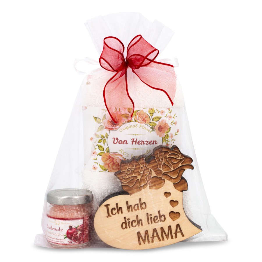 Geschenkset Mama Herz mit Handtuch weiß 