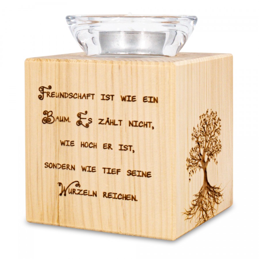 Teelichthalter aus Zirbenholz Freundschaft ist wie ein Baum 
