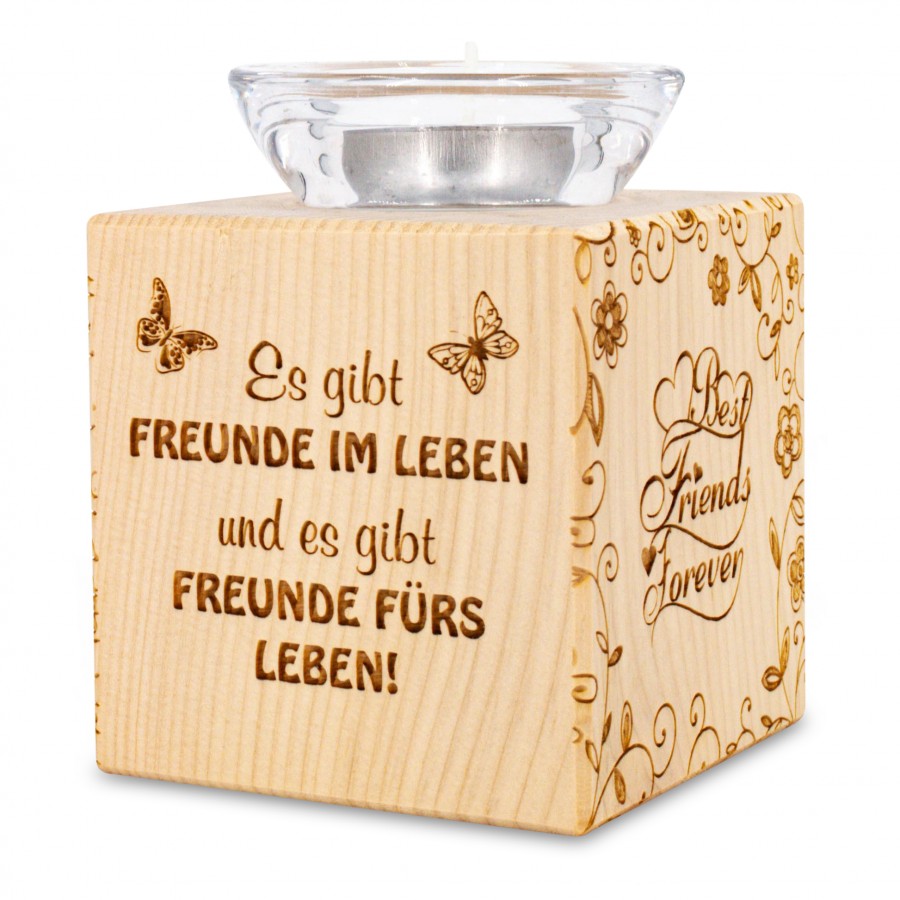 Teelichthalter aus Zirbenholz Es gibt Freunde im Leben 